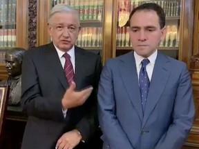 Mexican President Andres Manuel Lopez Obrador presents new Finance Minister Arturo Herrera in Mexico City, Mexico, July 9, 2019, in this still image taken from a video.