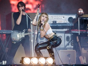 Miley Cyrus performs on the Pyramid stage on day five of Glastonbury Festival at Worthy Farm, Pilton on June 30, 2019 in Glastonbury, England.