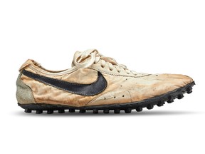 The Nike "Moon Shoe," one of only about 12 pairs of the handmade running shoe designed by Nike co-founder and legendary Oregon University track coach Bill Bowerman, is seen in this Sotheby's image released on July 11, 2019.