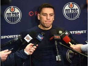 Oilers Milan Lucic speaks to the media one day after losing to the Carolina Hurricanes 7-4 at Rogers Place in Edmonton, Jan. 21, 2019.