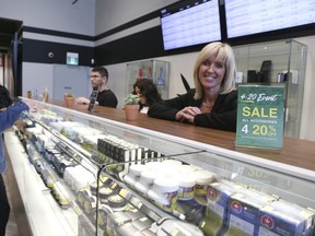 Heather Conlon (R), owner of the Nova Cannabis store that opened on 4/20 on Queen St. W. in Toronto, is seen April 20, 2019. (Veronica Henri/Toronto Sun)