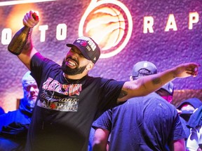 Rapper Drake celebrating theToronto Raptors victory over the Golden State Warriors in the NBA Finals at Jurassic Park outside of the Scotiabank Arena in Toronto, Ont. on Thursday June 13, 2019. Ernest Doroszuk/Toronto Sun/Postmedia