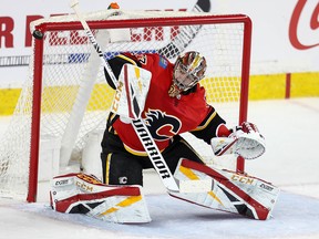 Calgary Flames goalie David Rittich makes a save on a shot by Dallas Stars during NHL hockey at the Scotiabank Saddledome in Calgary on Wednesday, March 27, 2019.