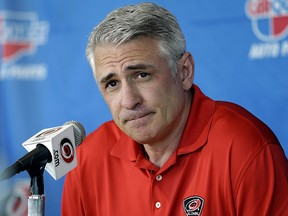 In this May 5, 2014, file photo, Ron Francis takes questions from members of the media during a news conference in Raleigh, N.C. (AP Photo/Gerry Broome, File)