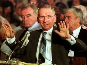 In this file photo taken on August 11, 1992 Ross Perot testifies before a U.S. Senate panel that he believes he can prove American prisoners were left behind after the Vietnam War. (BENJAMIN RUSNAK/AFP/Getty Images)