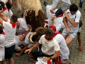 A steer hits revellers during the first running of the bulls at the San Fermin festival in Pamplona, Spain, July 7, 2019. (REUTERS/Jon Nazca)