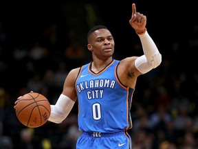 Russell Westbrook of the Oklahoma City Thunder brings the ball down the court against the Denver Nuggets at the Pepsi Center on October 10, 2017 in Denver. (Matthew Stockman/Getty Images)