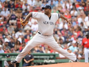 CC Sabathia of the New York Yankees pitches in the second inning against the Boston Red Sox at Fenway Park on July 27, 2019, in Boston.