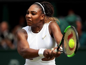 Serena Williams plays a backhand in her match against Barbora Strycova during Wimbledon at the All England Lawn Tennis and Croquet Club on July 11, 2019 in London. (Adam Davy - Pool/Getty Images)