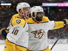 Colton Sissons and P.K. Subban of the Nashville Predators celebrate a goal against the Colorado Avalanche at the Pepsi Center on April 22, 2018 in Denver. (Matthew Stockman/Getty Images)