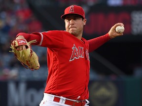 Tyler Skaggs of the Los Angeles Angels pitches in the first inning of the game against the Oakland Athletics at Angel Stadium of Anaheim on June 29, 2019 in Anaheim, Calif.