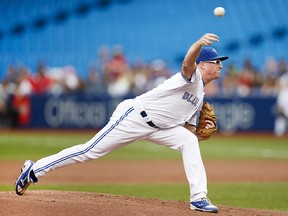Trent Thornton of the Toronto Blue Jays pitches to the Boston Red Sox in the first inning during a MLB game at the Rogers Centre on July 2, 2019, in Toronto.