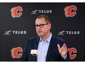 Calgary Flames GM Brad Treliving talks with media after the team cleaned out their lockers on Monday April 22, 2019.