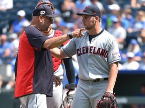 Manager Terry Francona of the Cleveland Indians gestures as starting pitcher Trevor Bauer leaves a game against the Kansas City Royals at Kauffman Stadium on July 28, 2019 in Kansas City. (Ed Zurga/Getty Images)