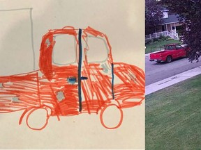 A nine-year-old's drawing of a red pickup truck help the police solve a package theft case in Utah. (Springville Police Department/Facebook)