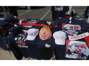 Merchandise table outside the First Niagara Centre in Buffalo before the Donald Trump rally the day before the New York Republican primary on Monday April 18, 2016.