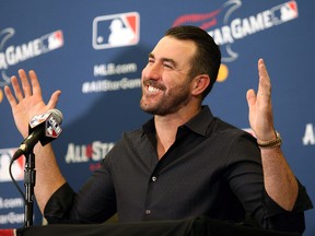 American League starting pitcher Justin Verlander of the Houston Astros speaks during the All Star Press Conference at the Huntington Convention Center.