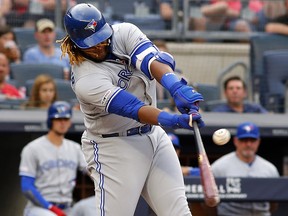 Toronto Blue Jays third baseman Vladimir Guerrero Jr. hits against the New York Yankees at Yankee Stadium. (Andy Marlin-USA TODAY Sports)