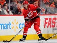 Justin Williams of the Carolina Hurricanes takes the puck in the third period against the Philadelphia Flyers at Wells Fargo Center on Jan. 3, 2019 in Philadelphia.