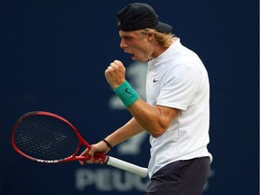 Denis Shapovalov of Canada celebrates a point against Robin Haase of The Netherlands during a 3rd round match on Day 4 of the Rogers Cup at Aviva Centre on Aug. 9, 2018, in Toronto.