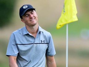 Jordan Spieth reacts following a putt on the 15th green during the third round of the Wyndham Championship at Sedgefield Country Club on August 3, 2019 in Greensboro, N.C. (Jared C. Tilton/Getty Images)
