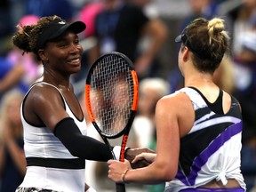 Venus Williams, left, shakes hands with Elina Svitolina after losing to her in her Women's Singles second round match on day three of the 2019 US Open at the USTA Billie Jean King National Tennis Center on August 28, 2019 in the Flushing neighbourhood of the Queens borough of New York City.  (Matthew Stockman/Getty Images)