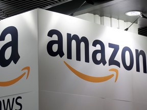 The Amazon logo is seen at the Young Entrepreneurs fair in Paris, France, Feb. 7, 2018.