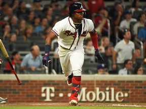 Atlanta Braves’ Ronald Acuna Jr. has 36 home runs and 30 stolen bases entering play Monday.  (Getty Images)