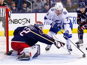 Sergei Bobrovsky of the Columbus Blue Jackets knocks the puck away from Adam Erne of the Tampa Bay Lightning on April 14, 2019 at Nationwide Arena in Columbus. (Kirk Irwin/Getty Images)