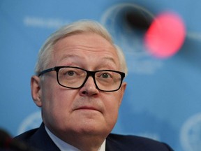 Russian deputy foreign minister Sergei Ryabkov gives a press conference on the 1987 Intermediate-Range Nuclear Forces (INF) treaty in Moscow on August 5, 2019.