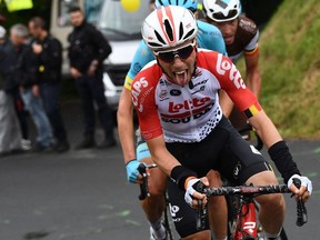 In this file photo taken on June 09, 2019 Lotto Soudal rider Belgium's Bjorg Lambrecht leads a breakaway during the first stage of the 71st edition of the Criterium du Dauphine cycling race, 142 km between Aurillac and Jussac in Jussac. - Belgian cyclist Bjorg Lambrecht died on August 5, 2019 at the age of 22 in hospital after crashing at the Tour of Poland, his team announced.