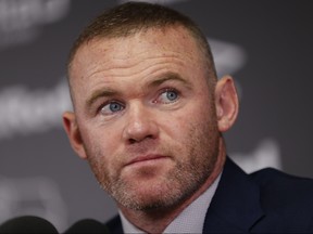 D.C. United midfielder and former England captain Wayne Rooney speaks during a press conference at Pride Park Stadium in Derby on August 6, 2019 after Rooney agreed a deal to become a player-coach. (DARREN STAPLES/AFP/Getty Images)