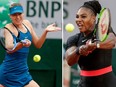 This combination of file photos created on June 3, 2018, shows Russia's Maria Sharapova (L) on May 29, 2018, and (R) Serena Williams of the US on June 2, 2018. Both during play in the French Open.