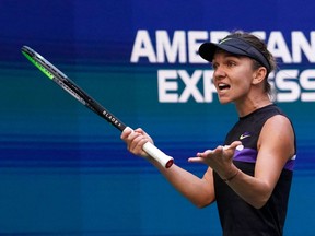 Simona Halep reacts during her Round Two Women's Singles tennis match against Taylor Townsend during the 2019 US Open at the USTA Billie Jean King National Tennis Center in New York on August 29, 2019. (KENA BETANCUR/AFP/Getty Images)