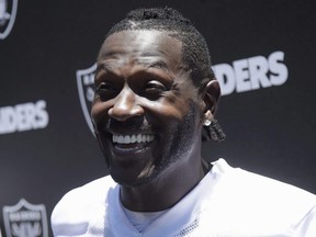 Raiders wide receiver Antonio Brown speaks to reporters after NFL practice at the team's headquarters in Alameda, Calif., May 28, 2019.