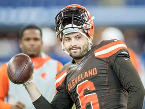 Cleveland Browns quarterback Baker Mayfield warms up before a  game against the Indianapolis Colts at Lucas Oil Stadium. (Trevor Ruszkowski-USA TODAY Sports)