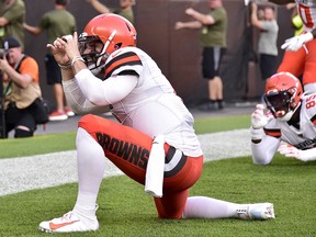 Browns quarterback Baker Mayfield celebrates after a touchdown during a preseason game against the Washington Redskins at FirstEnergy Stadium on August 8, 2019 in Cleveland. (Jason Miller/Getty Images)
