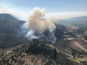 A view of the Eagle Bluff fire in British Columbia is shown in a handout photo. The BC Wildfire Service says a fire burning in British Columbia's southern Interior has doubled in size in barely 24 hours scorching about 2.5 square kilometres of timber and grasslands. THE CANADIAN PRESS/HO-BC Wildfire Service