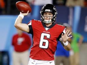Kurt Benkert of the Atlanta Falcons throws a pass in the first half of a preseason game against the Denver Broncos at Tom Benson Hall Of Fame Stadium on Aug. 1, 2019 in Canton, Ohio.