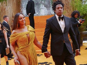 Beyonce Knowles-Carter and Jay-Z attend the European Premiere of Disney's "The Lion King" at Odeon Luxe Leicester Square on July 14, 2019, in London, England.