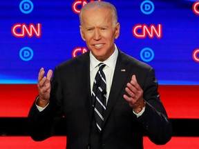 Former vice-president Joe Biden speaks on the second night of the second 2020 Democratic U.S. presidential debate in Detroit, July 31, 2019.