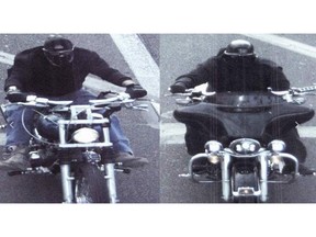 Police CCTV catches the masked killers on their Harleys.