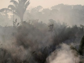 Smoke billows during a fire in an area of the Amazon rainforest near Humaita, Amazonas State, Brazil, on Aug. 14, 2019.