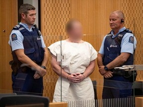 Brenton Tarrant, charged for murder in relation to the New Zealand mosque attacks, is seen in the dock during his appearance in the Christchurch District Court on March 16, 2019.