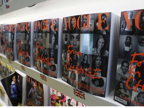 Copies of the September issue of British Vogue are displayed for sale in London, England, Aug. 2, 2019.