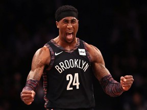 Rondae Hollis-Jefferson of the Brooklyn Nets reacts against the Philadelphia 76ers during NBA playoff action at Barclays Center in New York City on April 18, 2019.