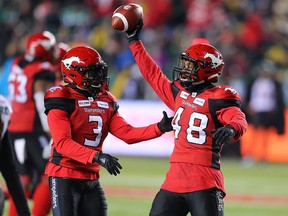 The Calgary Stampeders' Wynton McManis celebrates after recovering an Ottawa fumble during Grey Cup action against the Ottawa Redblacks at Commonwealth Stadium in Edmonton on Sunday November 25, 2018.