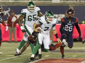 Roughriders quarterback Cody Fajardo runs for yardage during second half CFL action against the Alouettes in Montreal, Friday, Aug. 9, 2019.
