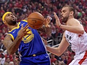 Golden State Warriors centre DeMarcus Cousins and Toronto Raptors centre Marc Gasol go for a loose ball during the 2019 NBA Finals at Scotiabank Arena. (Dan Hamilton-USA TODAY Sports)