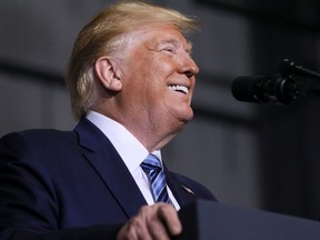 U.S. President Donald Trump laughs as he speaks about U.S. energy production and manufacturing at the Shell Pennsylvania Petrochemicals Complex in Monaco, Pennsylvania, on Tuesday, Aug. 13, 2019.